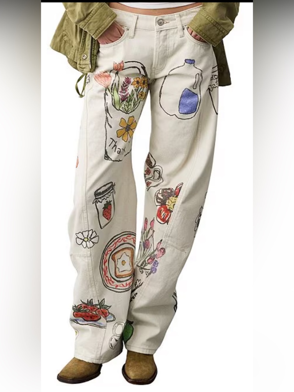 NWT🌷Free People Fable Printed Low-Rise Arced Leg Denim Jeans
